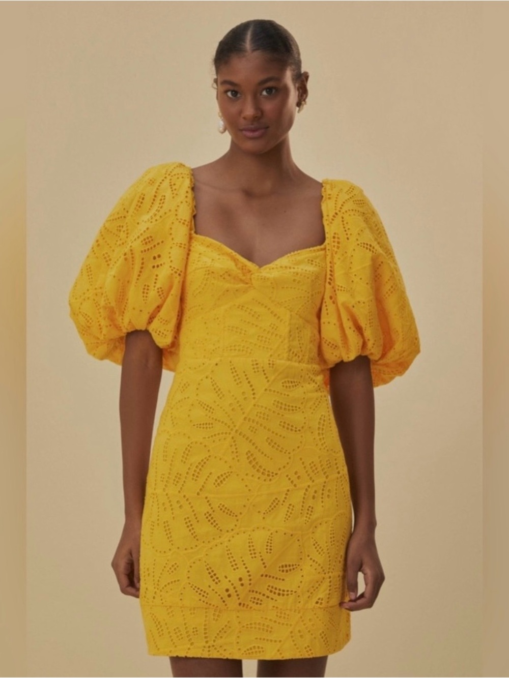 Yellow Eyelet Puff-Sleeve Mini Dress